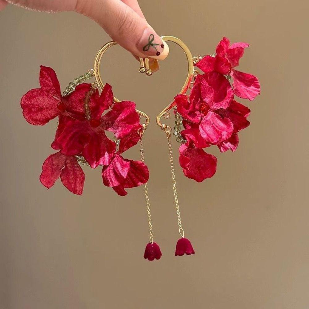 Sweet Gold Color Ear Hanging Red Flower Tassel Jewelry Accessories  for Women Girls