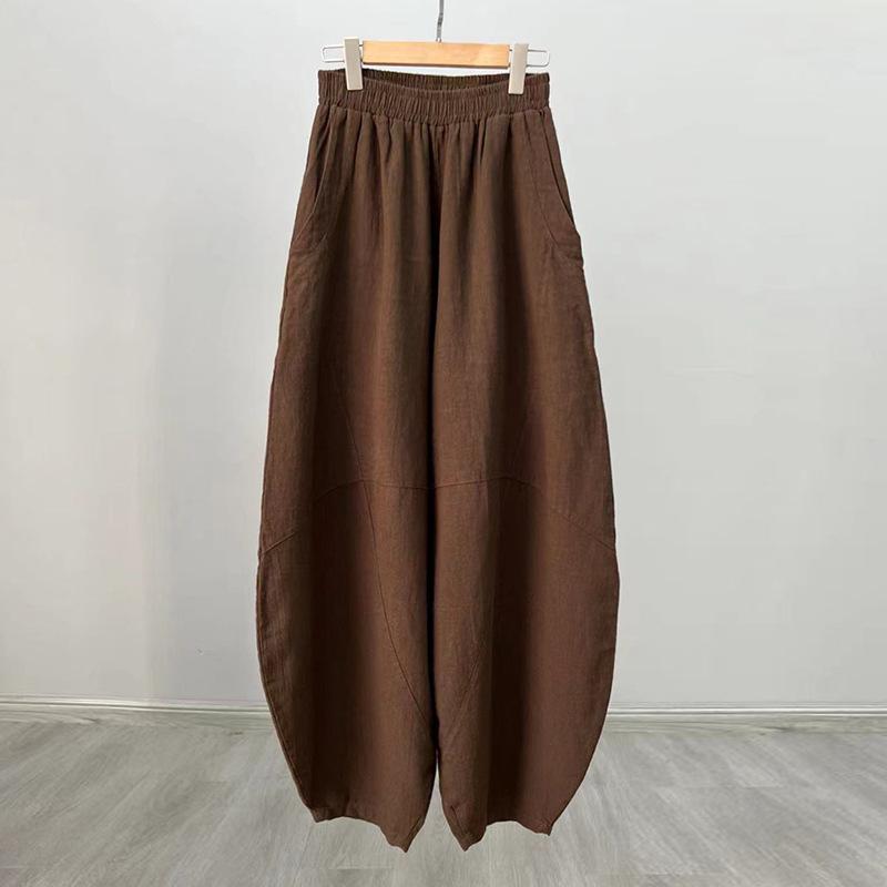 Women's Retro Ramie Sand-Washed Distressed Loose Lantern Pants for Meditation and Tai Chi