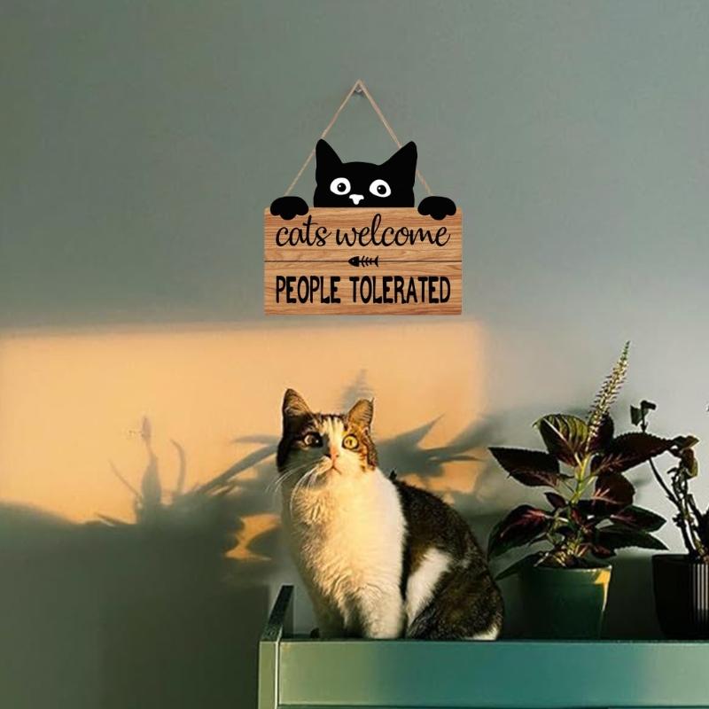 Natural Wood Cats Greeting Sign Pet Welcome Sign Plaque Wall Hanging Decoration Perfect For Pet Lover And Warm Space