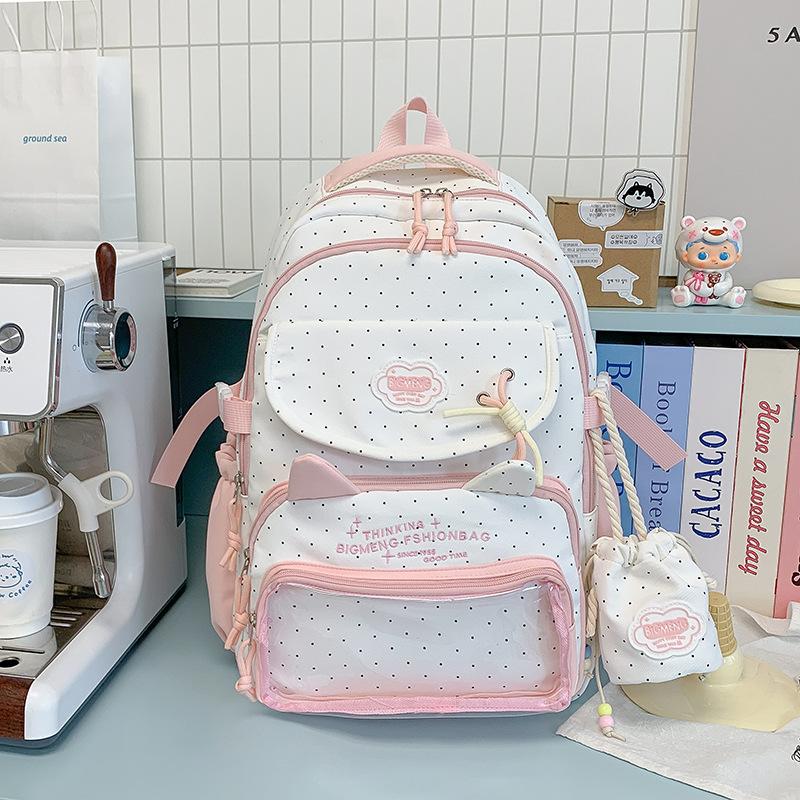 Schoolbag College Style Cute Girl Polka Dot Backpack High Value Student Daily Large Capacity Lightweight School Bag Pain Bag Backpack
