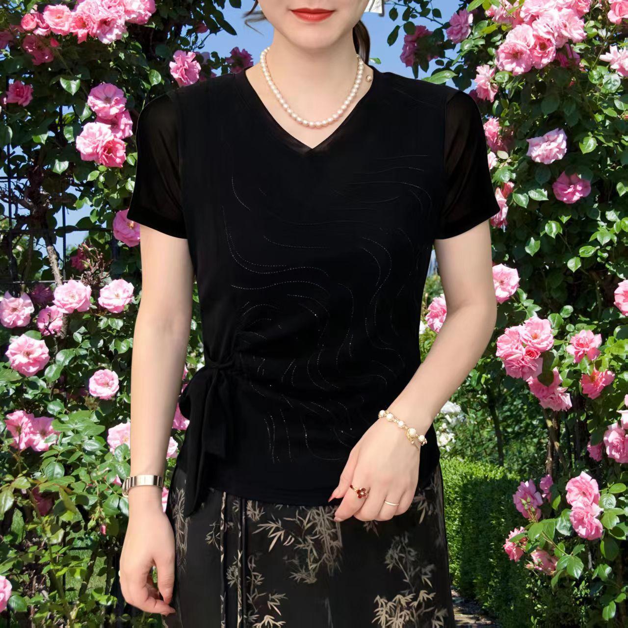 

Новый летний модный топ с V-образным вырезом, короткими рукавами, облегающего кроя и стильная футболка XXXL чёрный