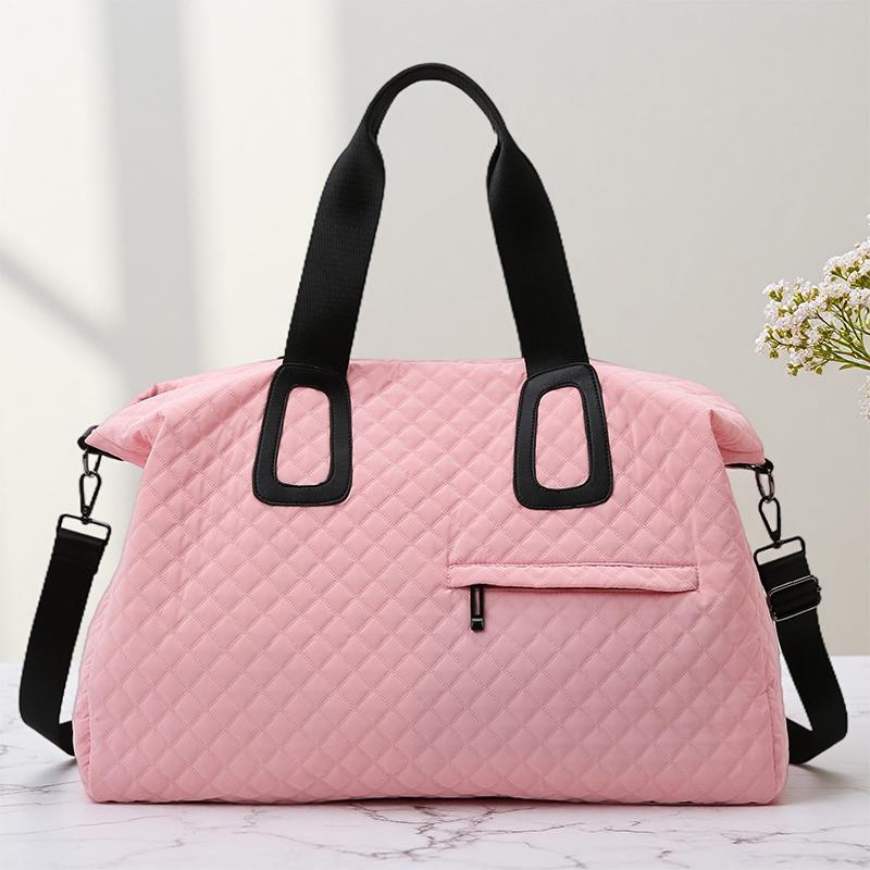 Women's Large Capacity Quilted Travel Duffel Bag with Rhombus Pattern,Solid Color Overnight Bag with Multiple Pockets, Women's Leisure Tote Bag