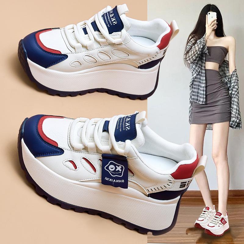 Spring and Summer New Thick-soled Heightening Dad Shoes Women's Leather Casual Sports Shoes Women's Versatile Trendy Muffin Women's Shoes
