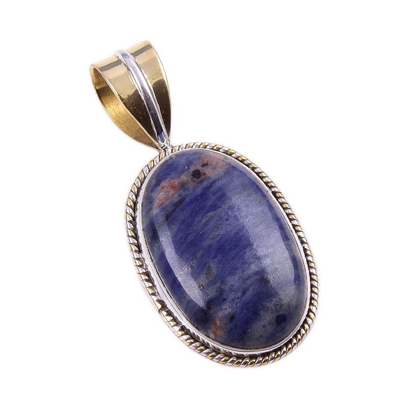 Natural Sodalite Gemstone 925 Solid Sterling Silver Two Tone Pendant 1.50'' Y6W92