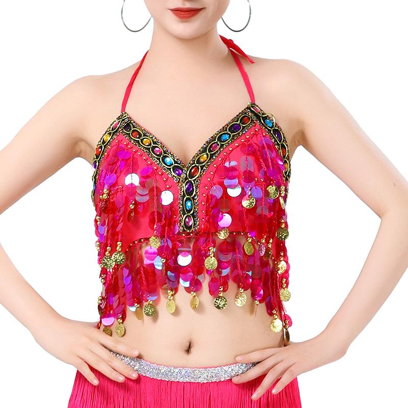 

Colorful Sequined Belly Dance Bra with Coin Accents for Stage Performance One Size