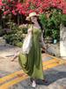 Green Polka Dot Square Neck Front Shoulder Short Sleeve Dress Women's Spring and Summer New Large Size Fat Mm Mori Retro Skirt