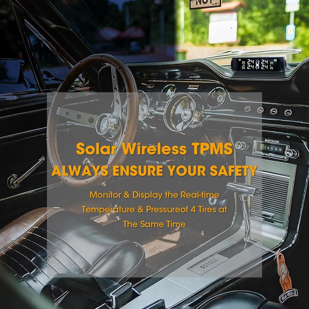 Tire Pressure Monitoring System, TPMS for RV and Trailer, Solar Powered TPMS with LCD Display, 4 Sensors, Real-Time Pressure and Temperature