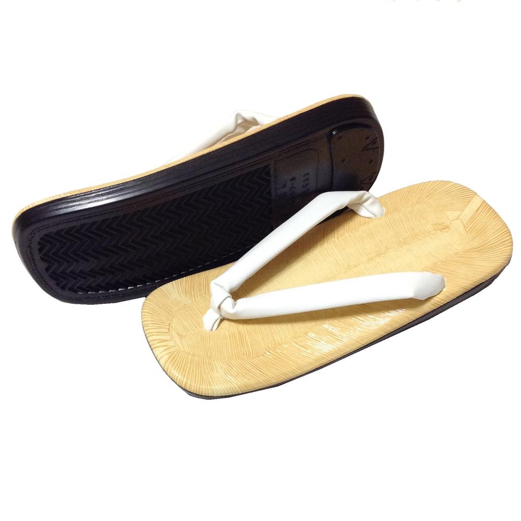 Edoten Men's Geta Sandals, Made in Japan, Urethane Sole, Yellow Tatami Fabric, White Straps, Size L