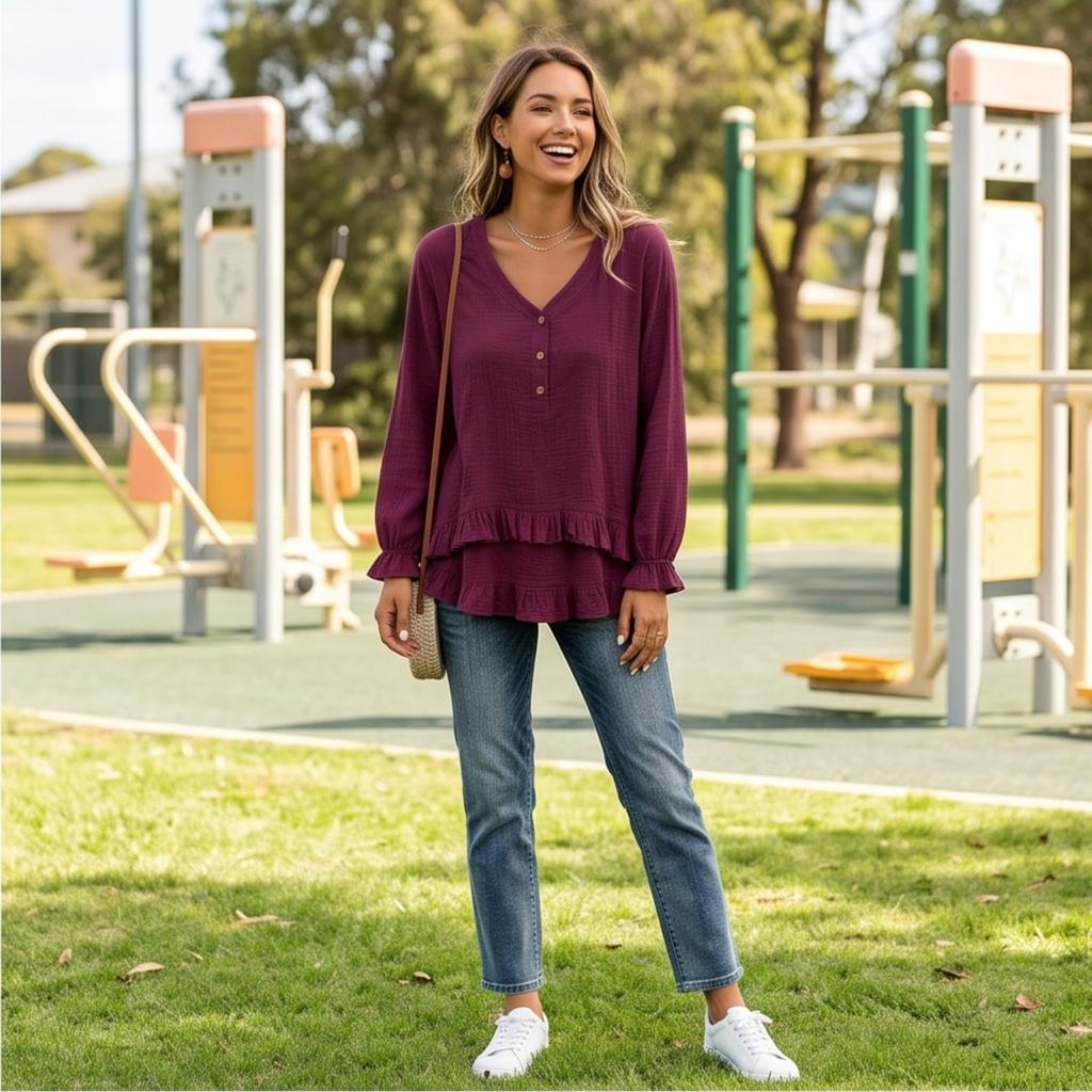 Damen Langarm Rüschen V-Ausschnitt Bluse mit Asymmetrischem