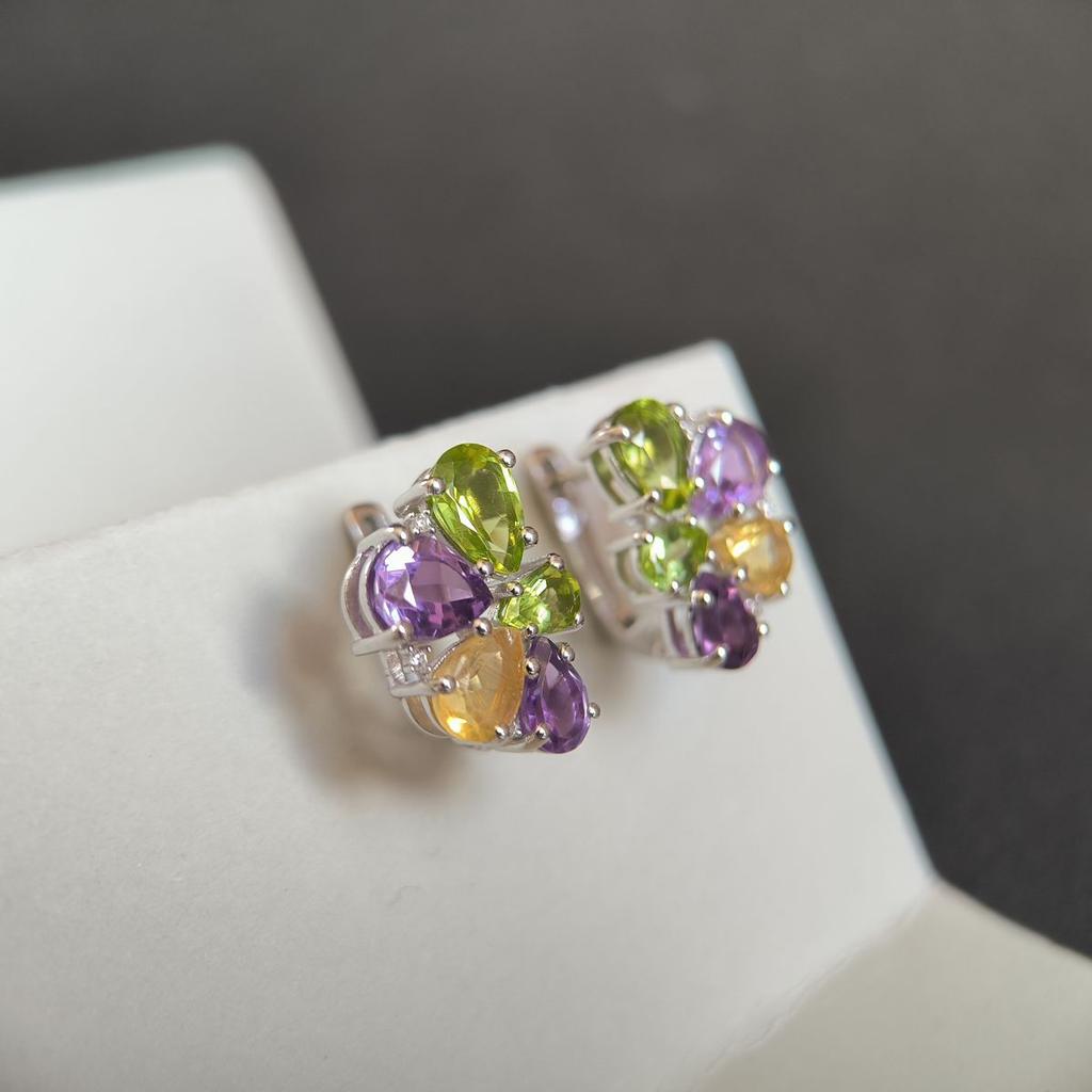 Серебряные серьги с натуральным аметистом, хризолітом, цитрином (2183327)