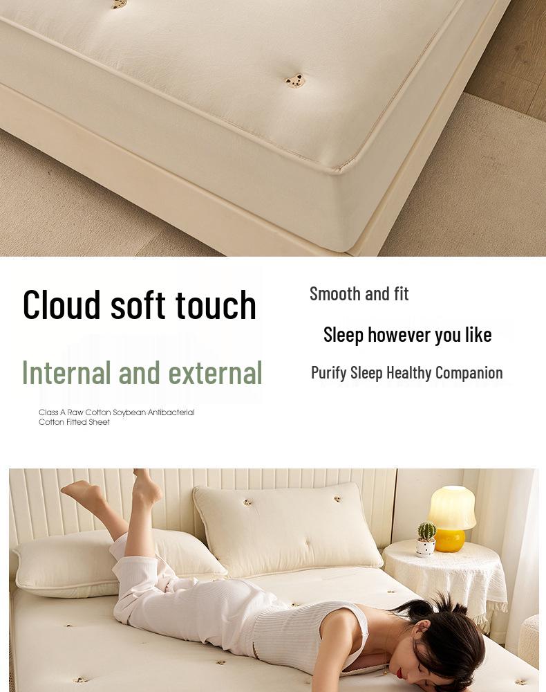 Washed Cotton Quilted Fitted Sheet - Solid Color, Full Wrap, Protective Cover for Home & Dormitory