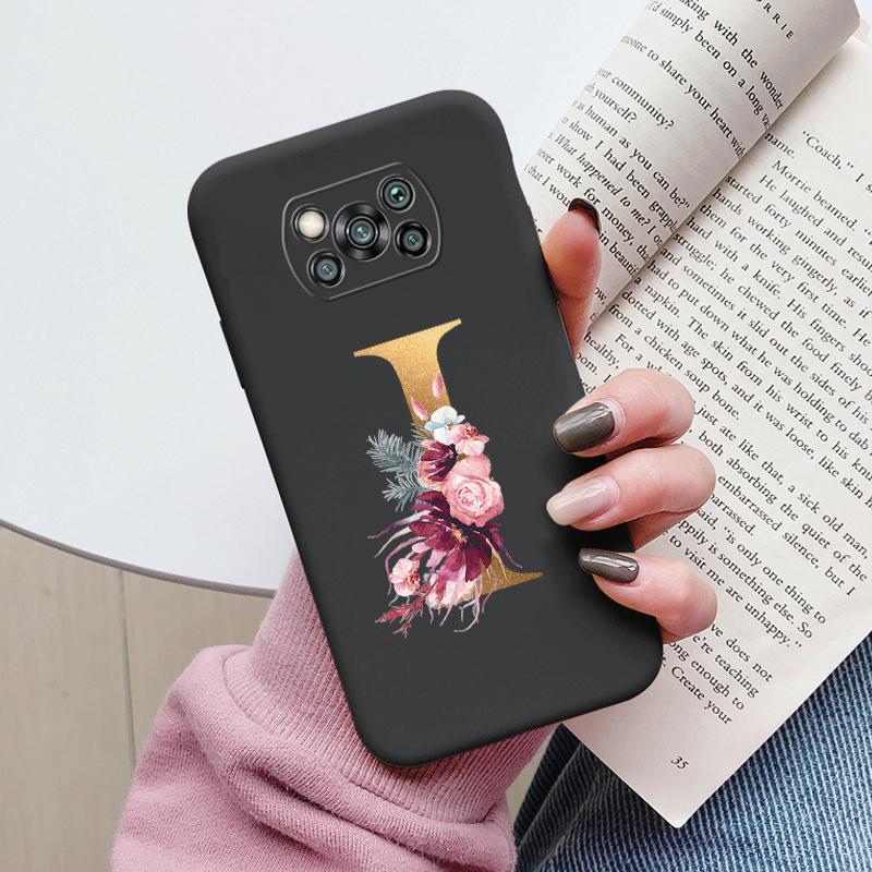 Letter Case For Poco X3 NFC PocoX3 Pro Back Cover Retro Flowers Pink Black Soft TPU Initial Fundas For Xiaomi Poco X 3 Pro Coque