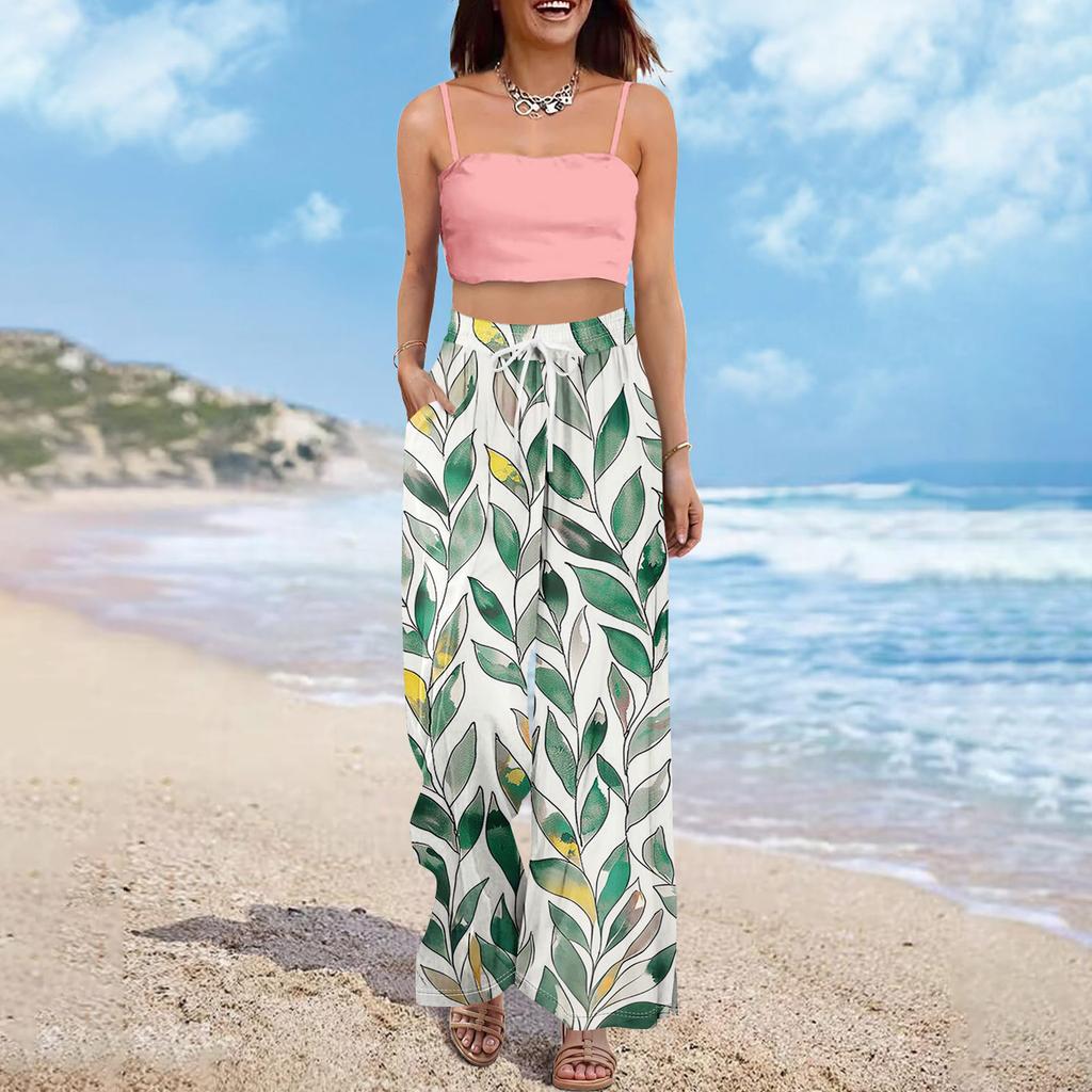 Women Summer Boho Palazzo Pants High Waist Wide Leg Floral Printing Casual Trousers With Pockets