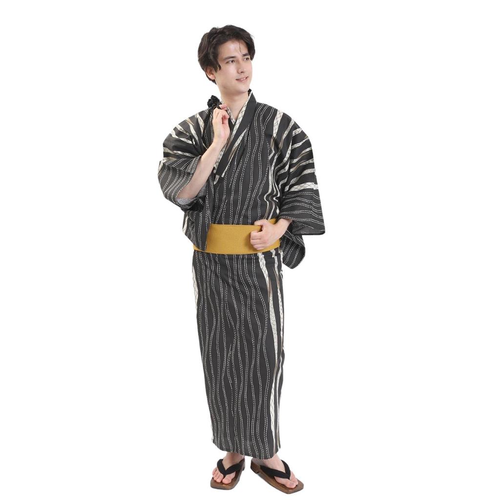 Fuuka Yukata Set Includes Waist and Geta Brown with a Staggered Size M Square Z3211AMB253 Men's (4 Pieces) - Obi, Cord, (Geta Clogs) - Stripe, (Waist