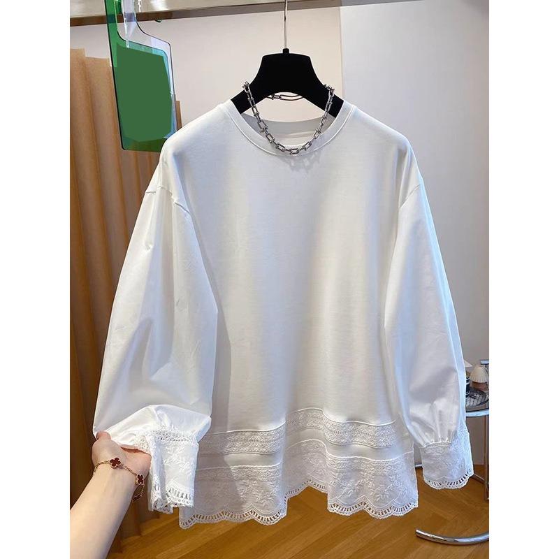 Air Cotton White Lace Splicing Long-sleeved T-shirt Women's Spring Loose Solid Color Outerwear Top