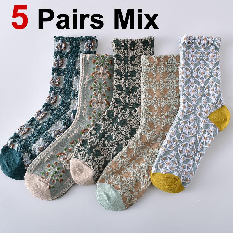 

5/10 пар женских носков средней длины с ретро-принтом, цветочными узорами, впитывающих пот, дышащих, мягких, удобных, спортивных, для отдыха One Size