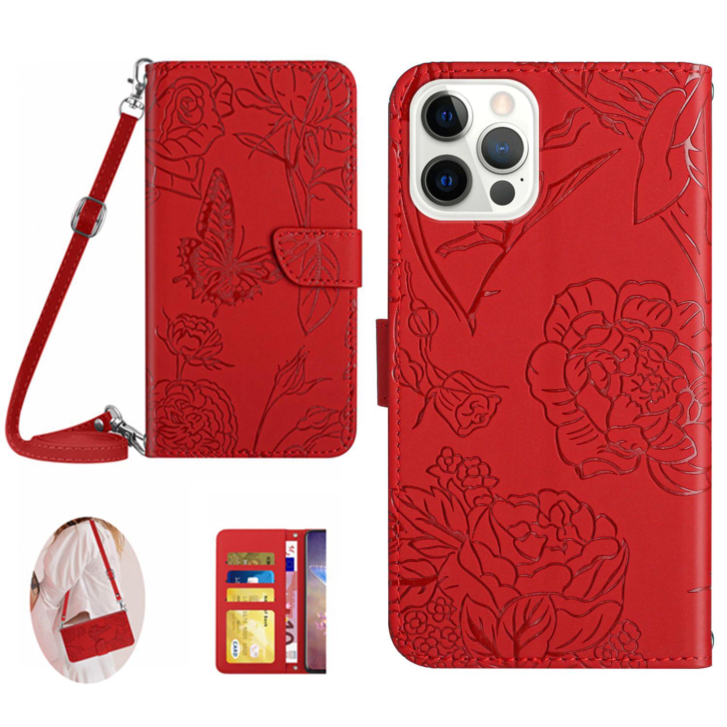 

HT03 For iPhone 16 Pro Max Case Butterfly Flowers Leather Phone Cover Magnetic Flip Stand Red