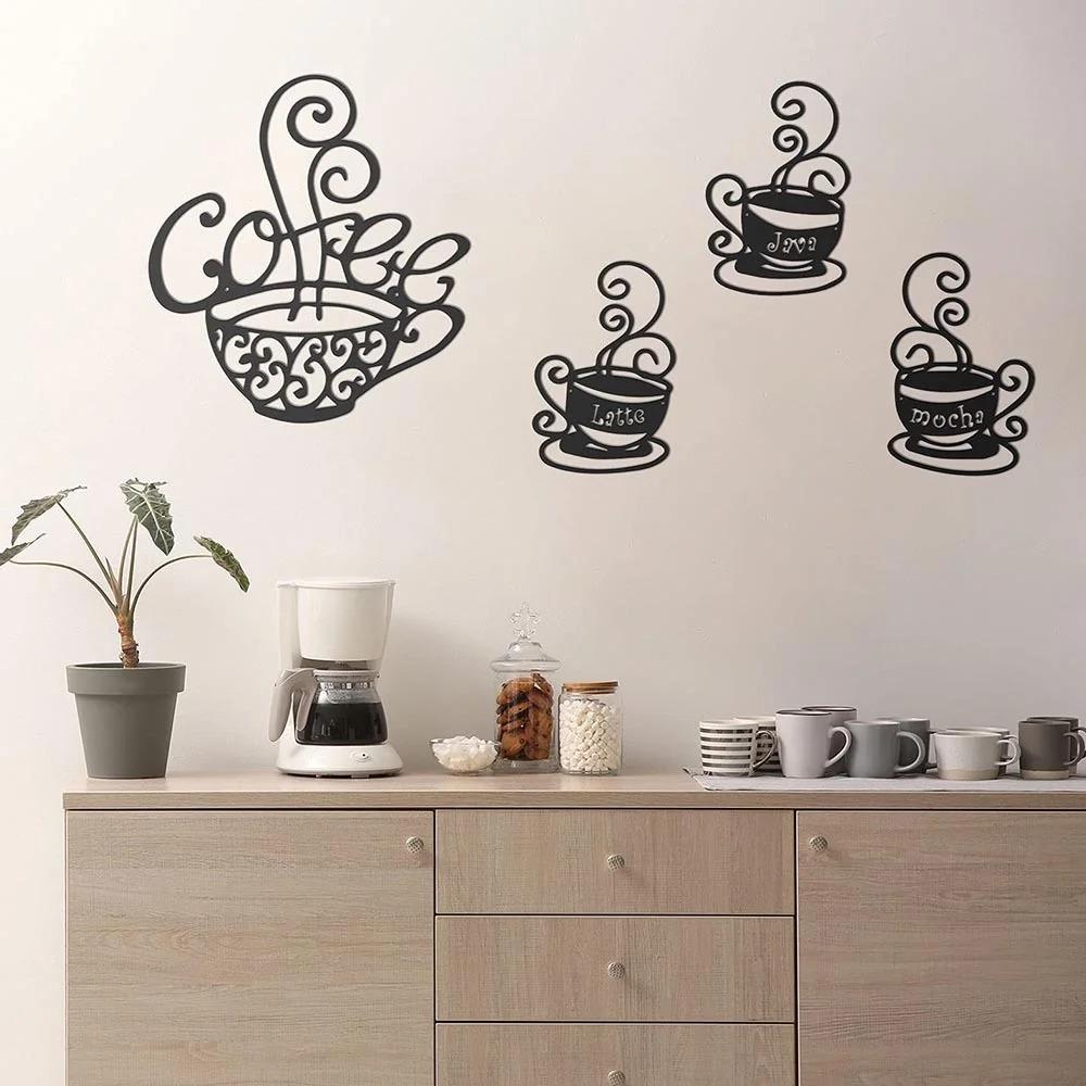 4pcs Coffee Metal Signs – Black Silhouette Hanging Plaques for Dining Room Elegant Wall Decoration & Metal Wall Hanging