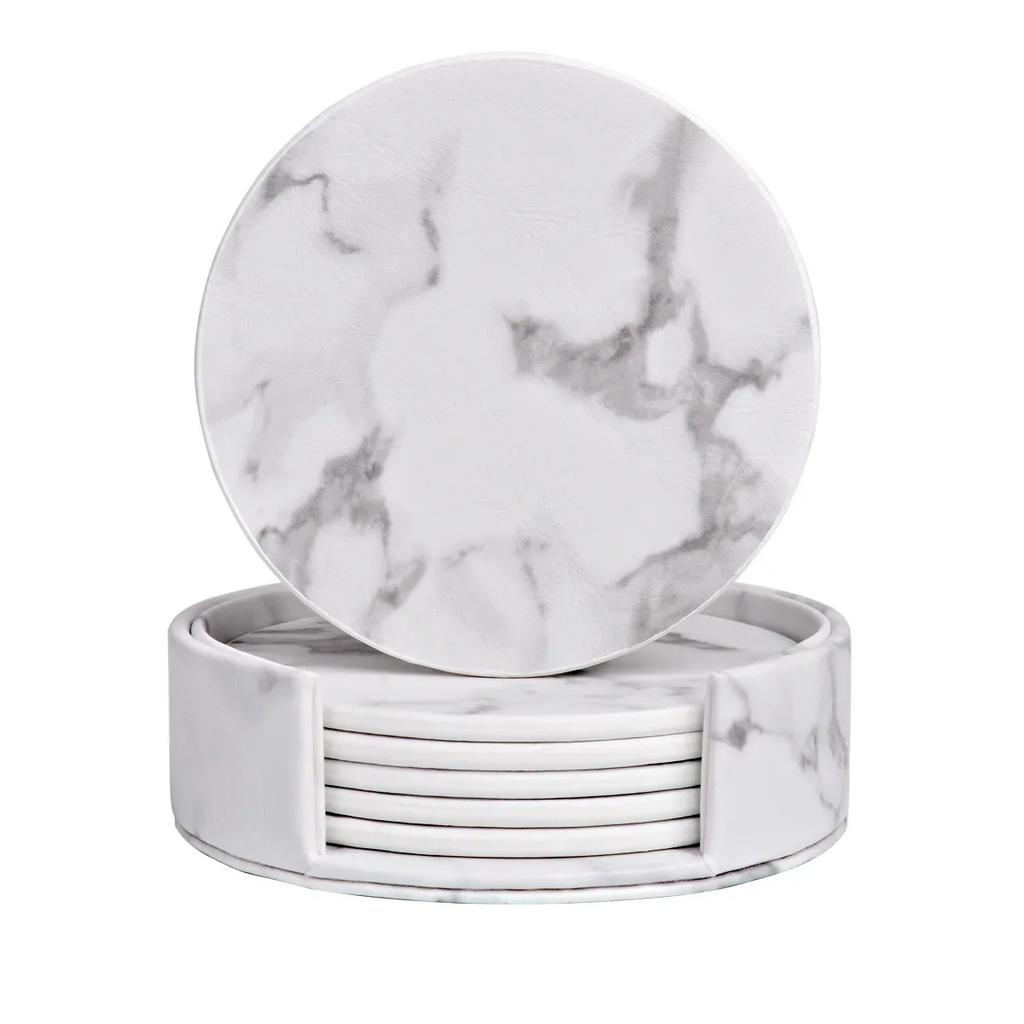 6PCS Hot Sale PU Leather Marble Coaster Drink Coffee Cup Mat Easy To Round Tea Pad Table Holder Clean Placemats Coaster Set