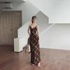 American vintage style sub-print lace-up V-neck camisole dress women's summer slim slim temperament long skirt