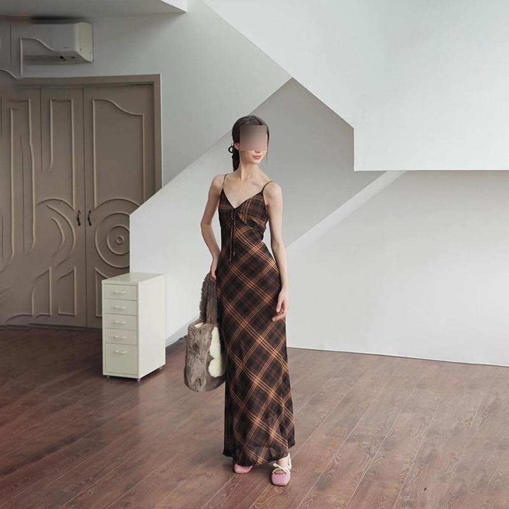 American vintage style sub-print lace-up V-neck camisole dress women's summer slim slim temperament long skirt