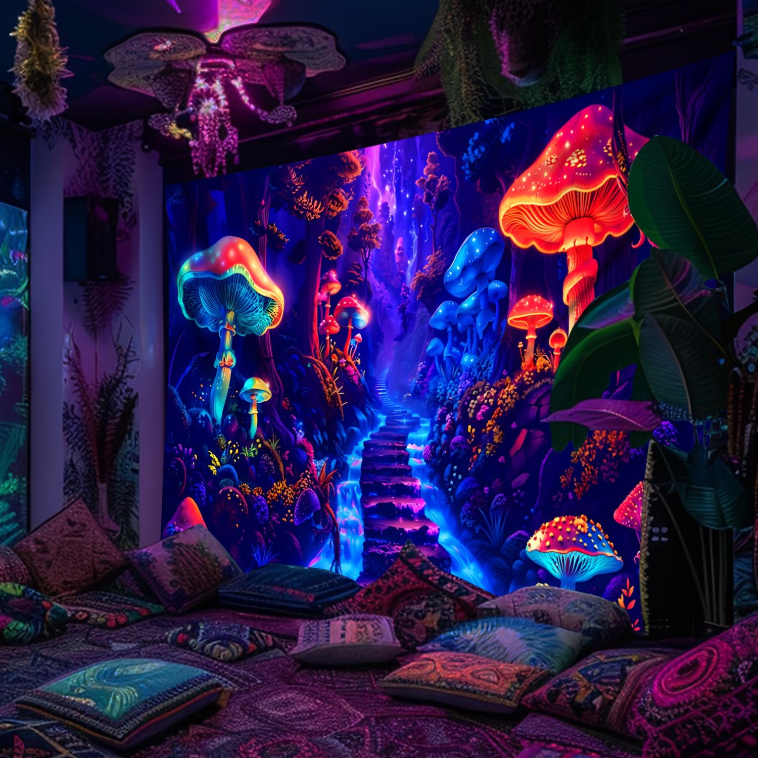 Black Light psychedelic Mushroom Wizard Tapestry UV Induction Fluorescent Wall Hanging Bedroom Dormitory Home Decoration 100X70CM