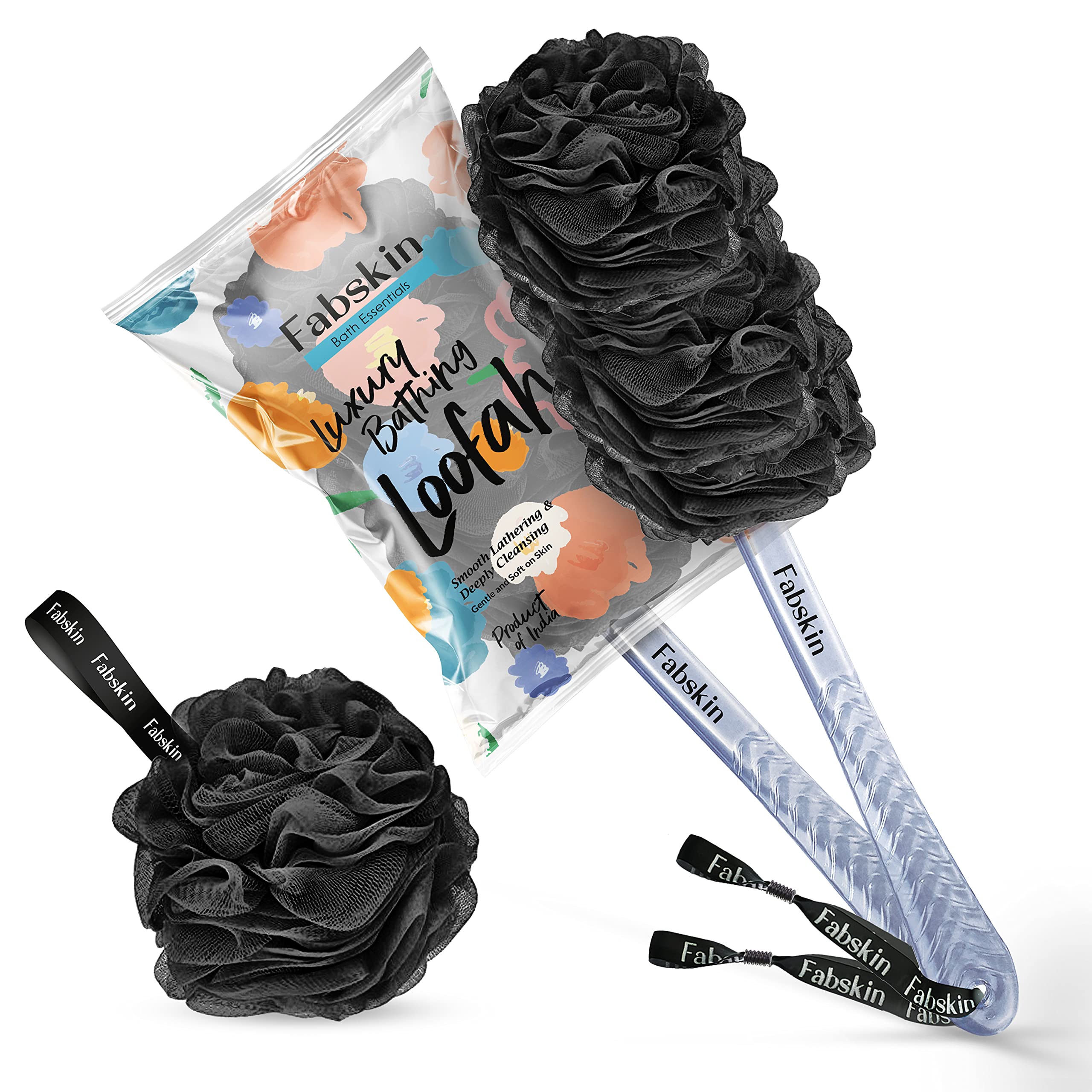 FABSKIN Luxury Bath Loofah Duo Pack - Loofah Sponge and Loofah Brush With Plastic Handle | Loofah for Bathing for Women & Men | Bath Brush Body Bac
