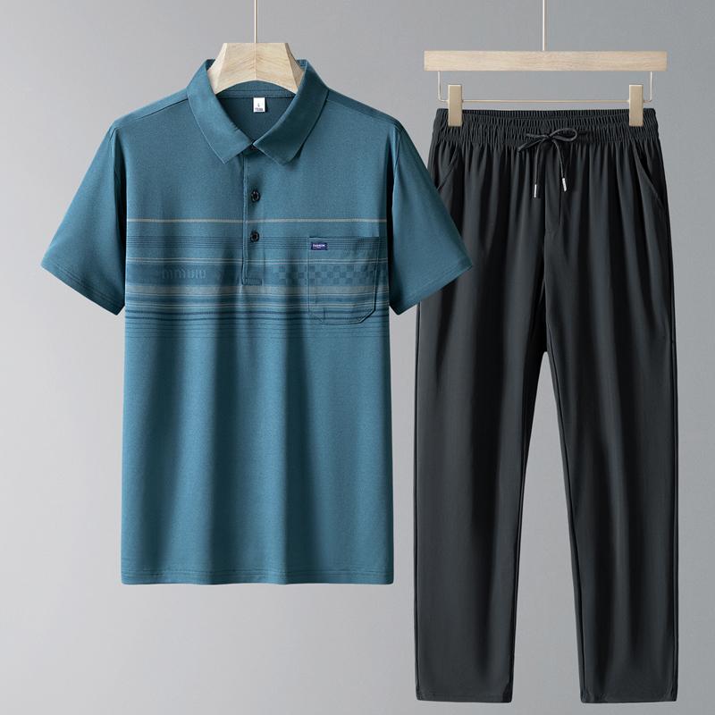 Costume de sport pour homme d'âge moyen et âgé, décontracté, en soie glacée, à manches courtes, ensemble deux pièces pour homme