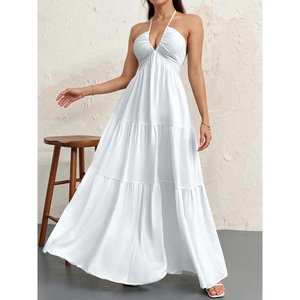 Women s Halter Neck Sleeveless Tiered Maxi Dress Loose Fit High Waist Casual A-Line Dress S