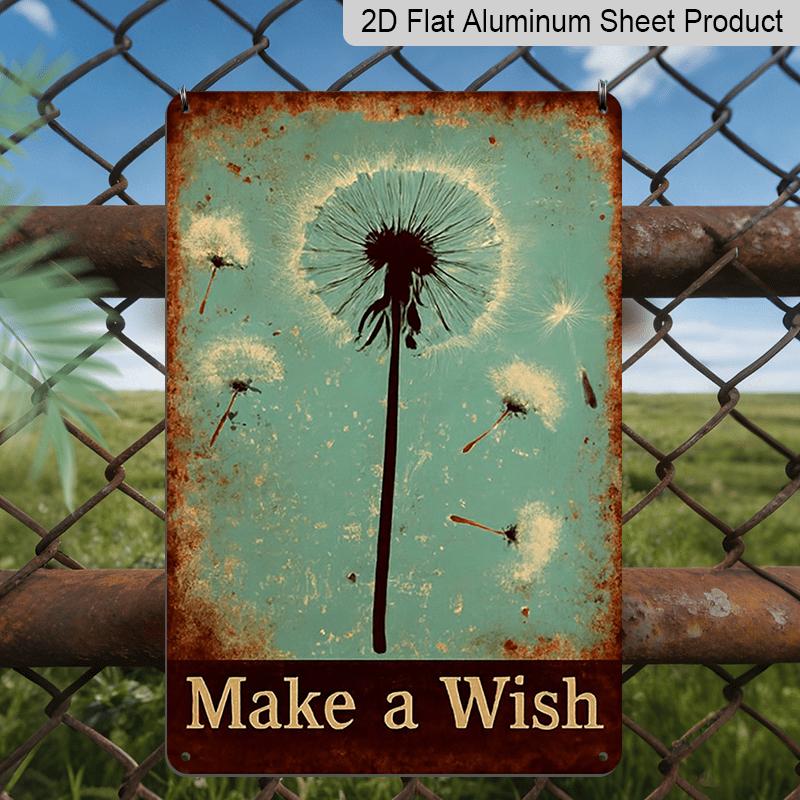 2D Flat, 1pc Vintage "Make A Wish" Dandelion Aluminium Sign - 8"x12" Rustic Floral & Whimsical Decor, Dreamy Dandelion Wall Art, Perfect Gift for