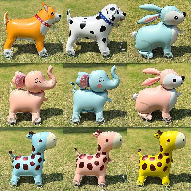 Cartoon Animals Stand Up Aluminum Film Balloons With Wheels Unicorn Tiger Giraffe Elephant Dinosaur Birthday Party Decoration