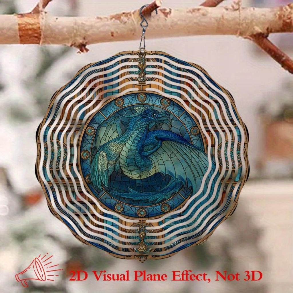 Stained Glass Dragon Wind Chime Outdoor Decor 10 Inch Rotating Metal Garden Art Handmade Asian Style Patio Hanging Ornament Gift for Home