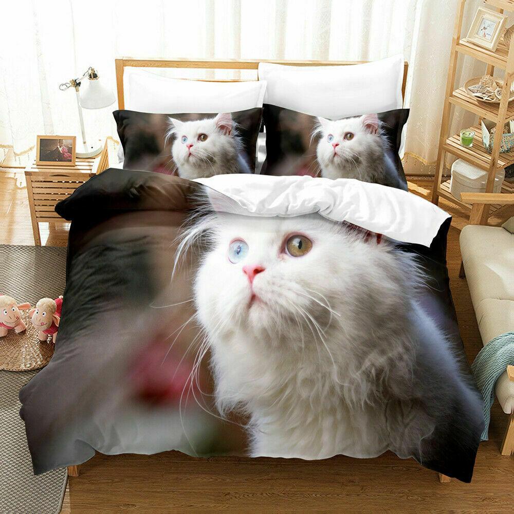 Cat Soft Duvet Cover Set Young Girls Young Boys Lovely Blue Cat 3D Print Beding Set Bold Blue Animal Double Quen King-Sized Dimensionsd Dimensions