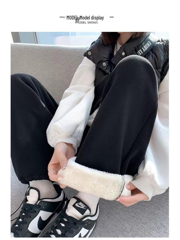 Damen Graue Lammwoll-Fleecegefütterte Sweatpants mit Bündchen - Herbst/Winter Lockerer Schnitt, Zweiwege Weites Gerades Bein, Lässiger Baumwollkomfort.