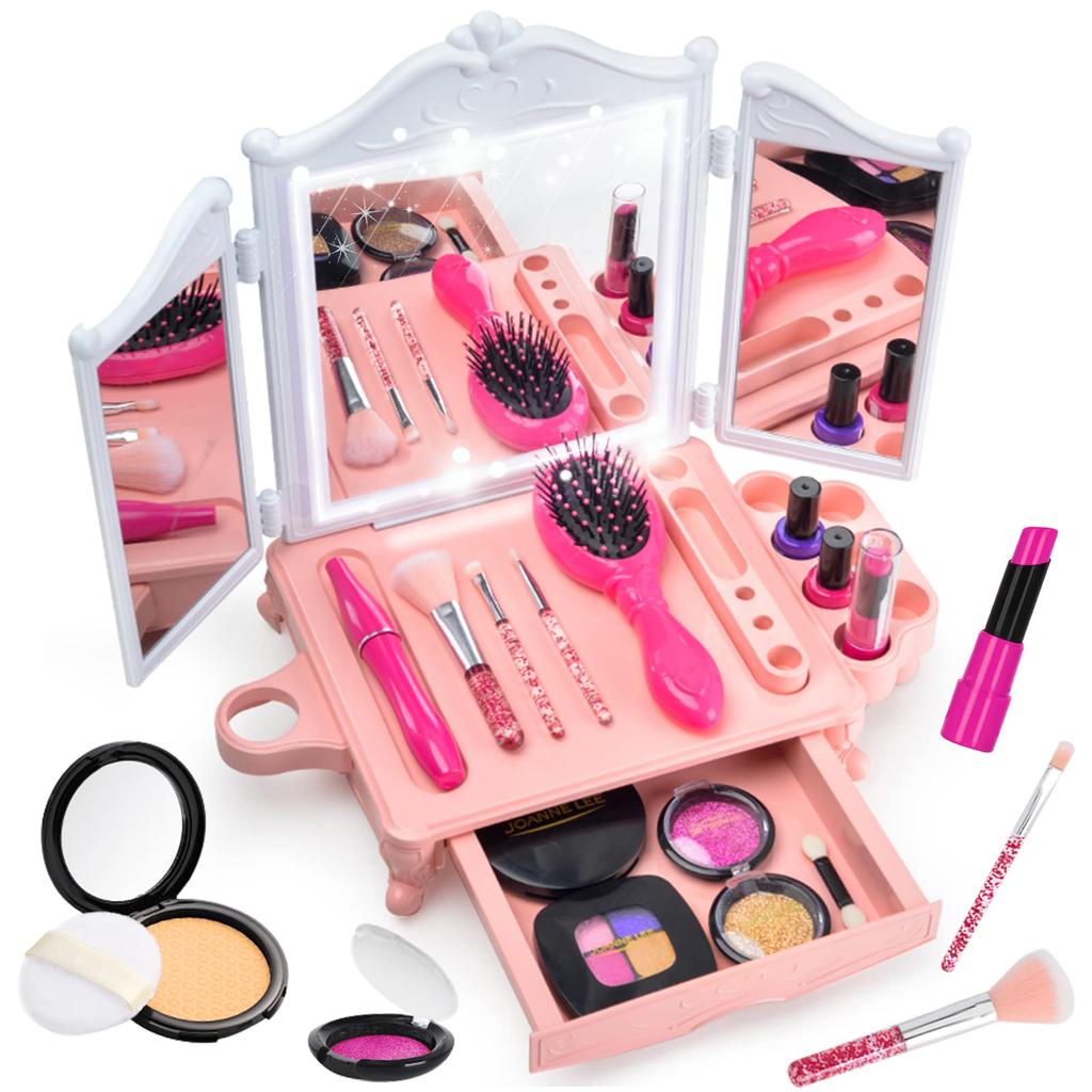 CORPER TOYS Pretend Play Makeup Toy Set for Dressing Table with Mini Dressing Pretend Play Christmas Gift for Ages 6 and Up Girls, Three-Way Mirror,