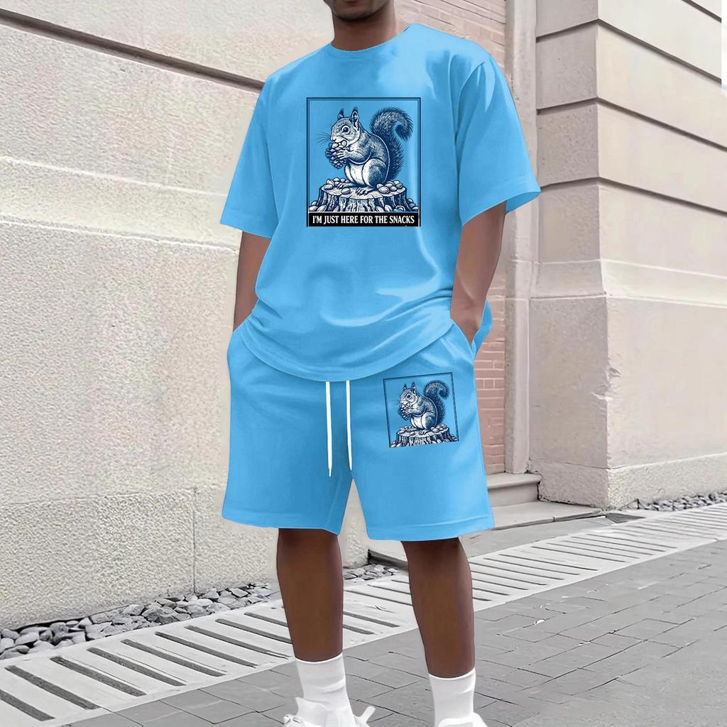 Men Casual Two Piece Set Short Sleeve Crew Neck Top and Shorts with Animal Print Graphic Loose Fit Summer Daily Wear