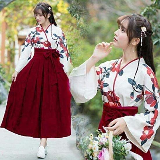 Taisho Roman Hakama Japanische Kleidung Kimono Hanfu Cosplay Ethnisches Kostüm Langes Kamelienmuster [Lady Lazy] Damen (Rot, L)