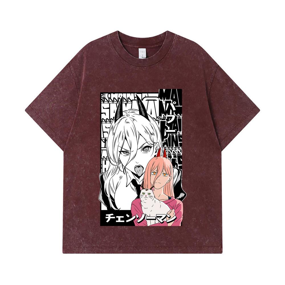 275 GSM Washed T-shirts 100% Cotton Chainsaw Man V57 Power Print Unisex Heavy Cotton T Shirt