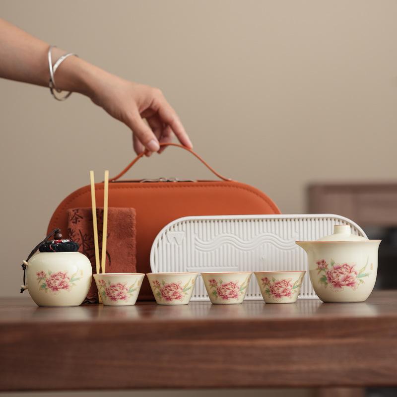 Ceramic Travel Tea Set One Pot Four Cups Outdoor Camping Portable Kung Fu Tea Set