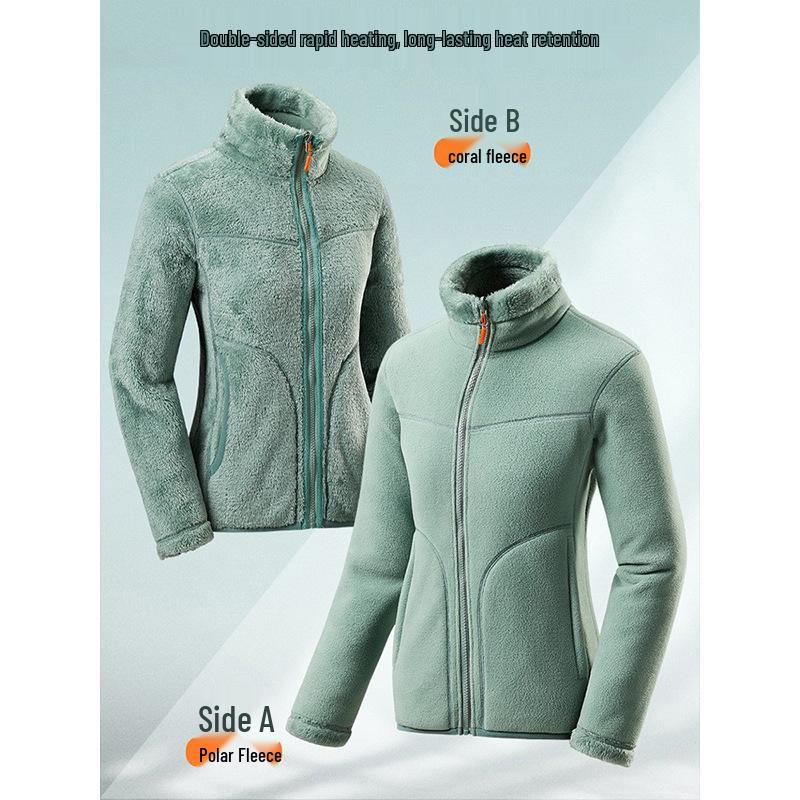 Dámská oboustranná bunda z velbloudí vlny Huagang - Podzimní/zimní silný kardigan z korálového fleecu