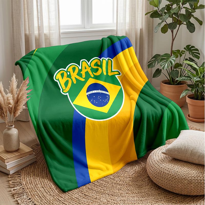 Brazil Football Printed Flannel Blanket Skin Friendly Warm Decorative Throw for Indoor Couch Bed Daily Use