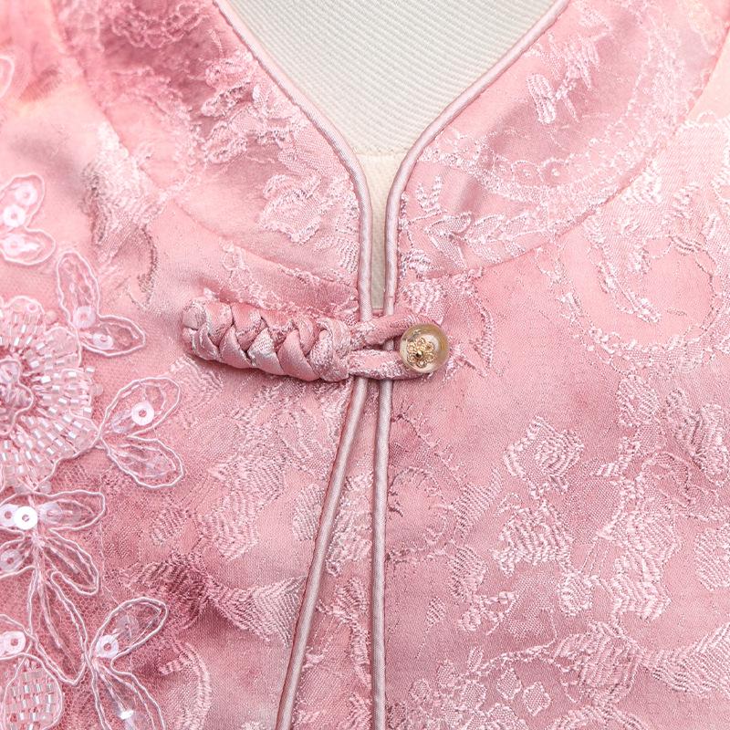 Frühlings-Damen-Zweiteiler im chinesischen Stil mit Froschknöpfen und besticktem Jacquard-Weste
