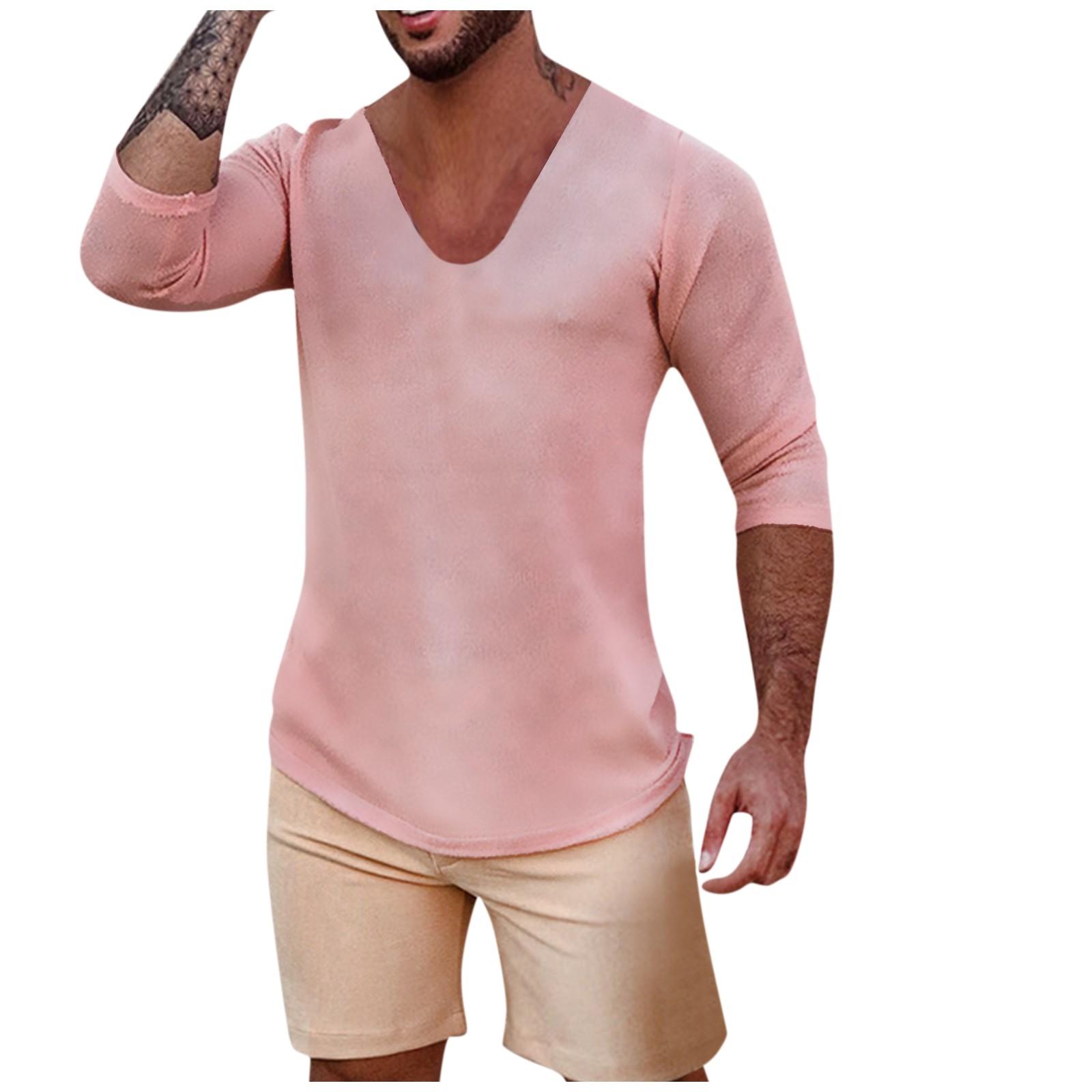 

Мужская большая однотонная трикотажная футболка среднего размера с глубоким V-образным вырезом и длинными рукавами XXL розовый