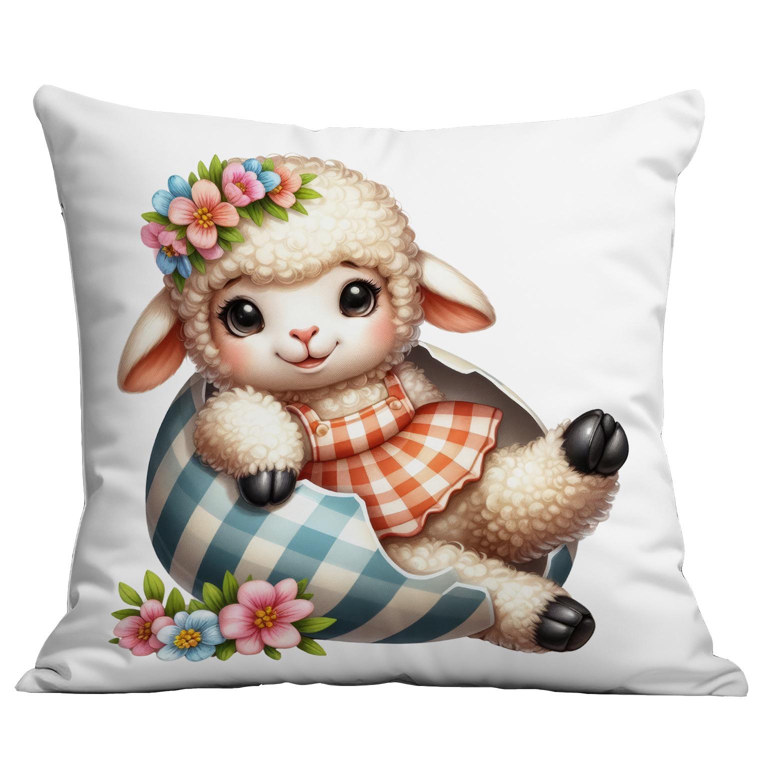 

New Easter Pillow Cover Cute Lamb Spring Flowers And Easter Eggs Home Cushion Pillow Cover Premium Durable Quality 45 * 45Cm