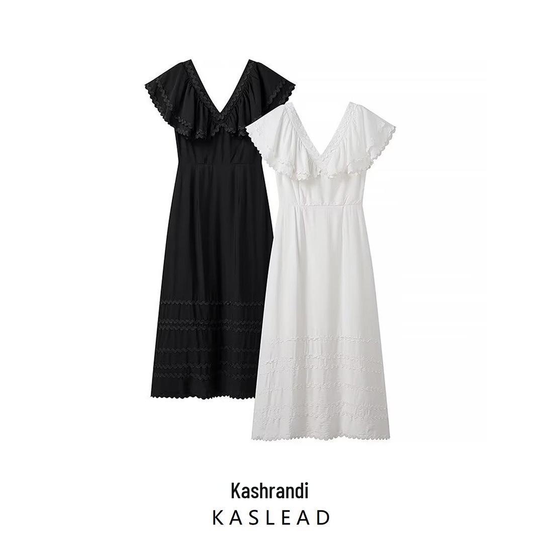 

2025 Spring Women s European & American V-Neck Flutter Sleeve Ruffle Dress L