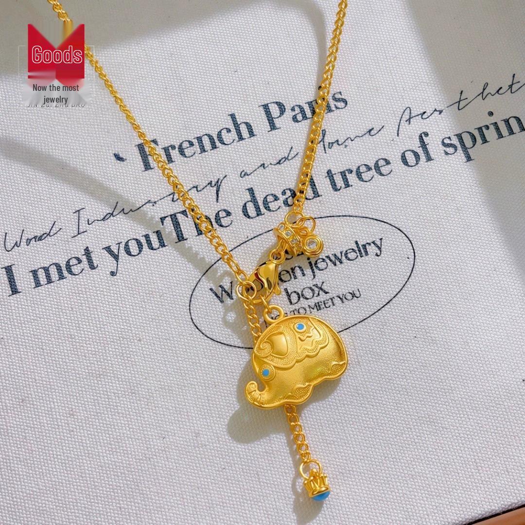 Lucky Elephant Round Necklace & Bracelet Set – Sand Gold, New Chinese Style, Clavicle Chain, Auspicious DIY Jewelry