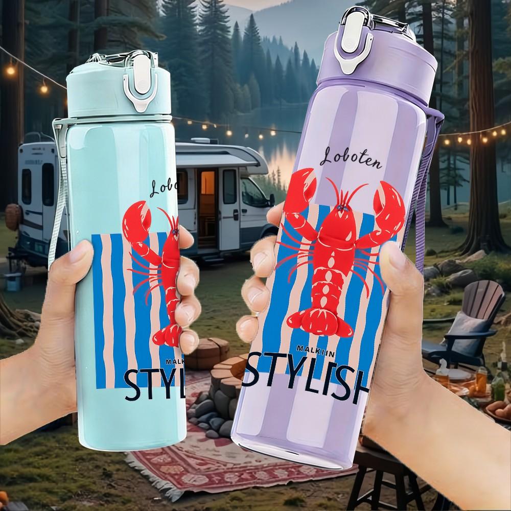 1PC Stylish Striped Lobster 750ml Color Plastic Sports Water Bottle Leakproof Flip Straw Lid Suitable for Sports Office Home Use