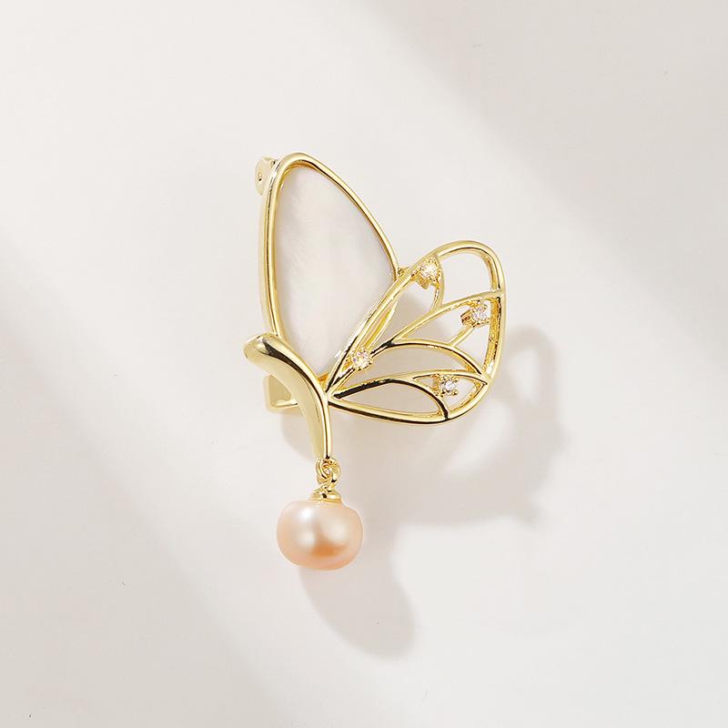 Elegant Butterfly Brooch with Freshwater Pearl and Natural Seashell Accents
