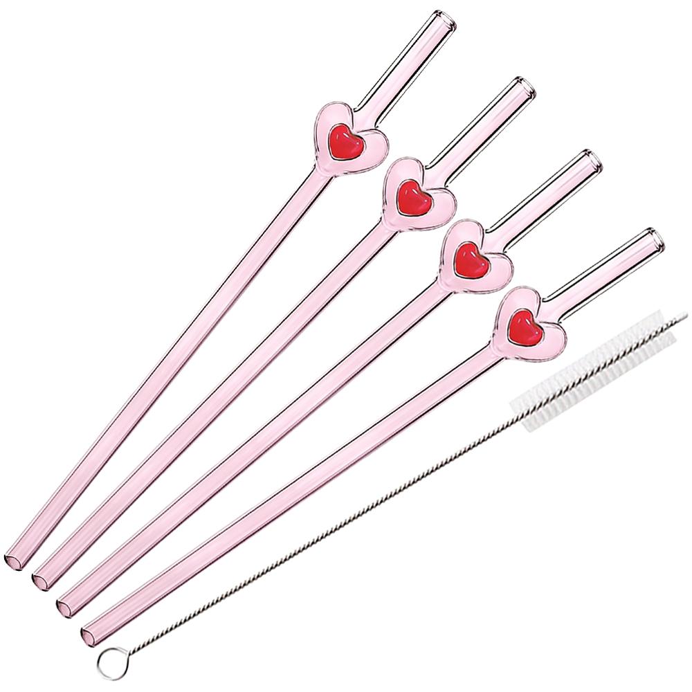 4 Stück Glasstrohhalme Wiederverwendbare Süße Herz-Glasstrohhalme 7,8 Zoll*8mm Glasstrohhalme mit 1 Reinigungsbürste, Valentinstagsgeschenk