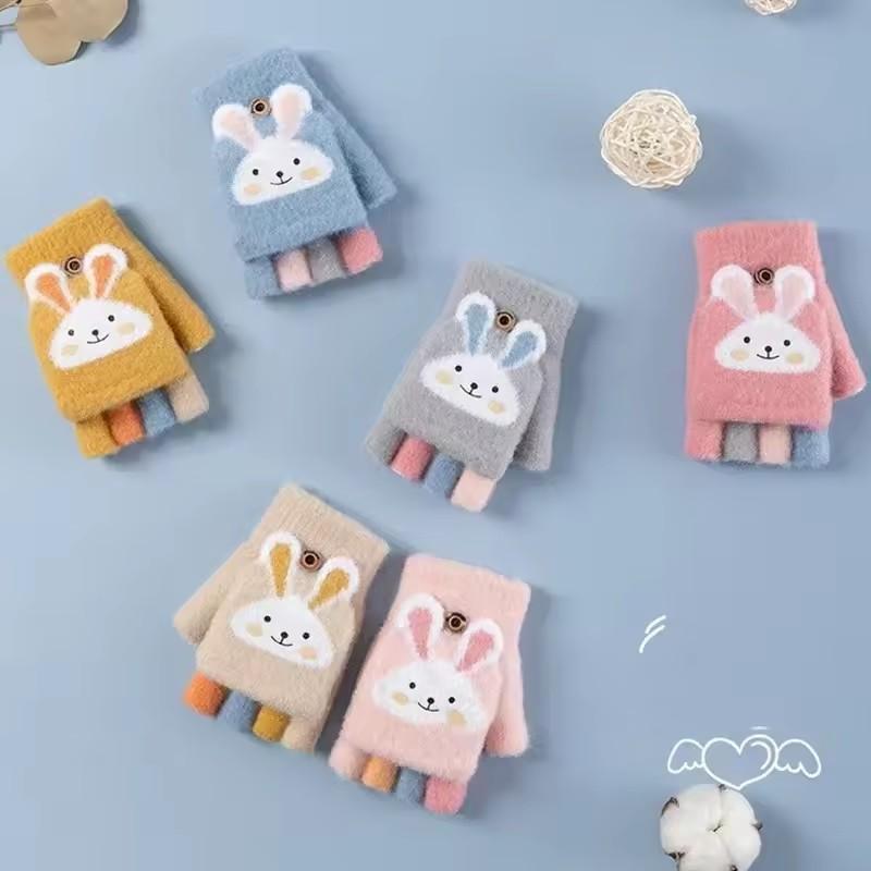Children's Outdoor Cycling Sports Gloves Colorful Rabbit Cute Half Finger Flip Gloves Thick Warm Skin Friendly Daily Sport Glove